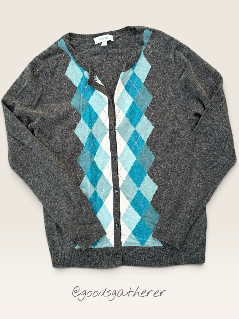 Merona Women’s L Wool Blend Argyle Cardigan Sweater Gray Blue Preppy